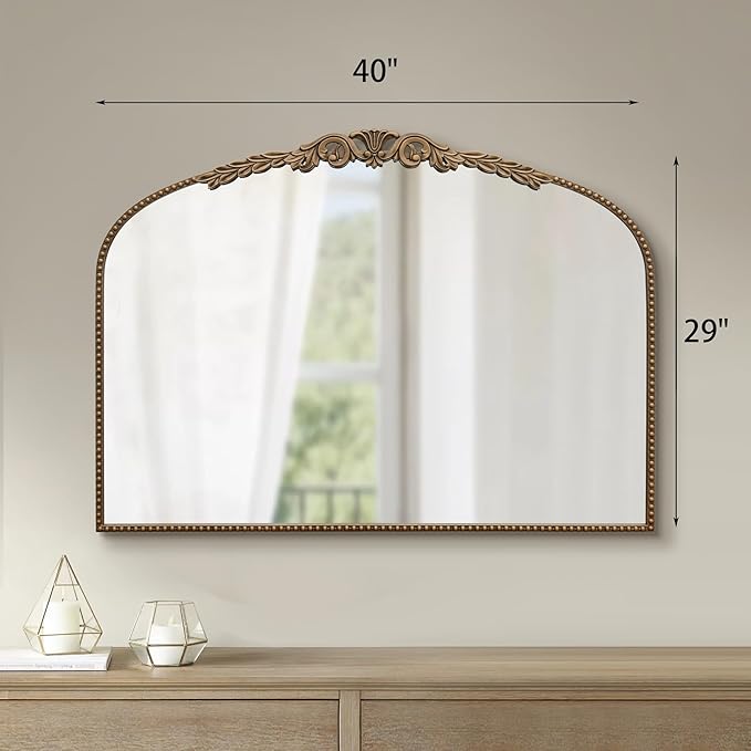 Besdomus Gold Large Arched Mirror: 40"x29" French Baroque Vintage Mirror - Traditional Ornate Antique Mirrors for Wall/Mantel/Bedroom/Entryway/Bathroom/Hallway - Home Decor for Fashion-Conscious