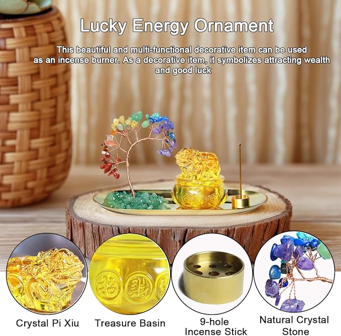 Feng Shui Crystal Tree Incense Burner Holder, Lucky Pi Xiu Treasure Basin, Healing Crystals Tree of Life Incense Tray Money Ideal Adornment for Attracting Wealth, Yoga Meditation Decor - Yellow