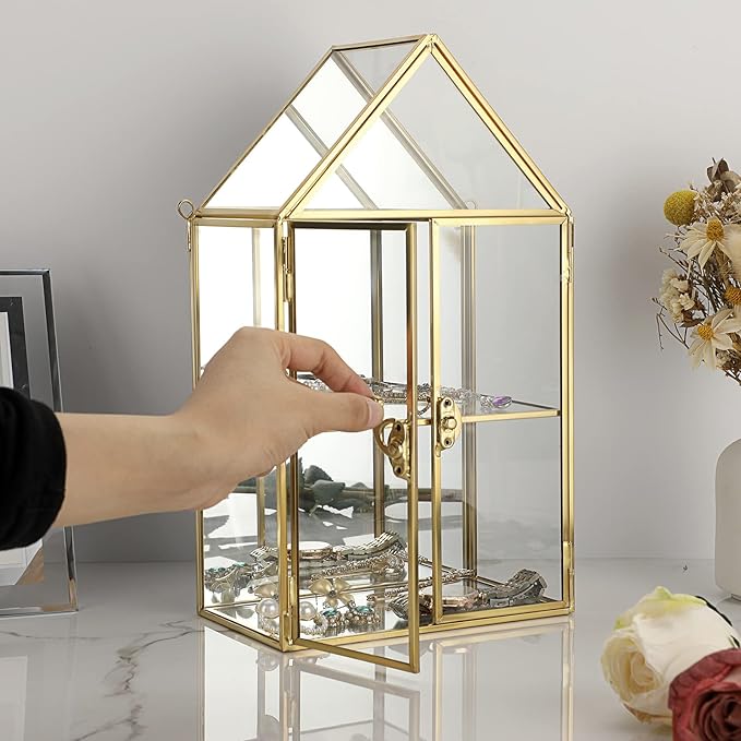 ELLDOO 2 Tier Clear Glass Storage Box, Gold Mirrored Jewelry Makeup Display Organizer Case, Decorative Tower box Storage for Trinket Perfume Lipstick Figure Statue Toy Display, House Shape