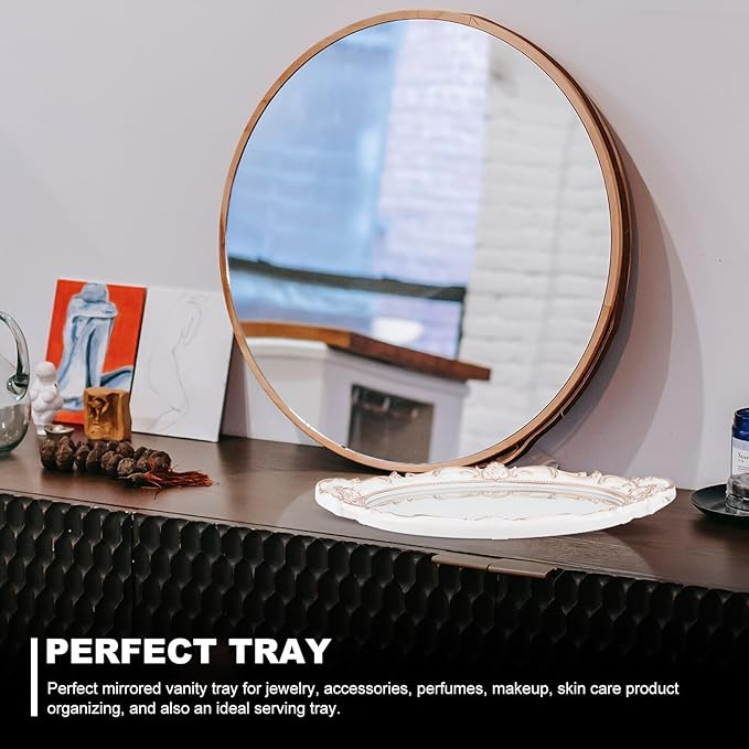 SEWACC Vintage Oval Mirror Tray Decorative Makeup Organizer Dresser Display Tray White Glass Surface for Vanity Table and Jewelry Storage