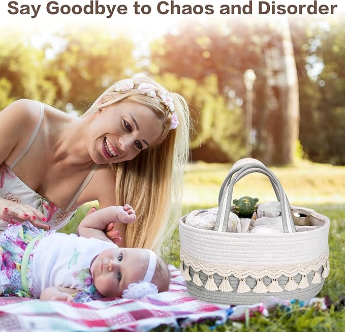 Diaper Caddy Organizer, Stylish Nursery Storage Basket, Baby Shower Basket with Tassel Decorative Appearance, Portable Storage Basket Suitable for Family and Car Travel (Grey)