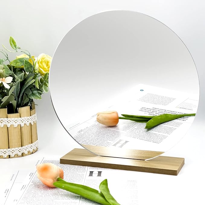 8" Circle Shape Mirror for Room Decor, Acrylic Mirror with Wood Stand, Frameless Makeup Mirror for Desk, Unique Bedroom Accessory
