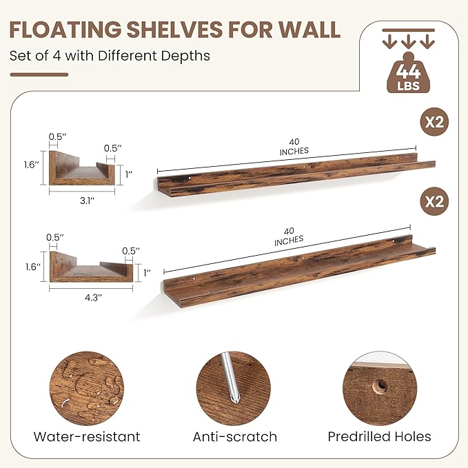Fun Memories Picture Ledge Shelf, Floating Shelves Set of 4, 40 Inch Picture Shelves for Wall with Ledge, Large Nursery Book Shelf for Toys Storage, Living Room, Bedroom Decor Frames, Rustic Brown