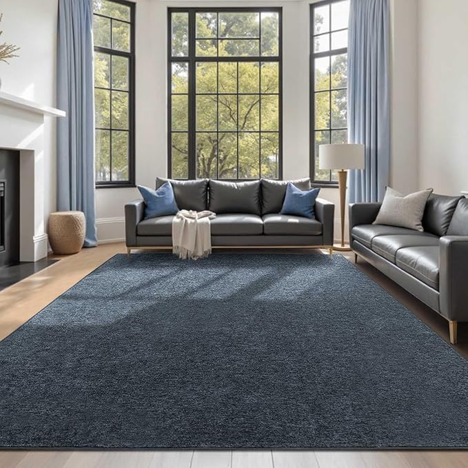 FinRèc Low Pile 6x9 Washable Area Rugs for Bedroom Living Room, Thin Rug Solid Color, Non-Slip Carpet Indoor for Home Decor (Navy Blue/White)