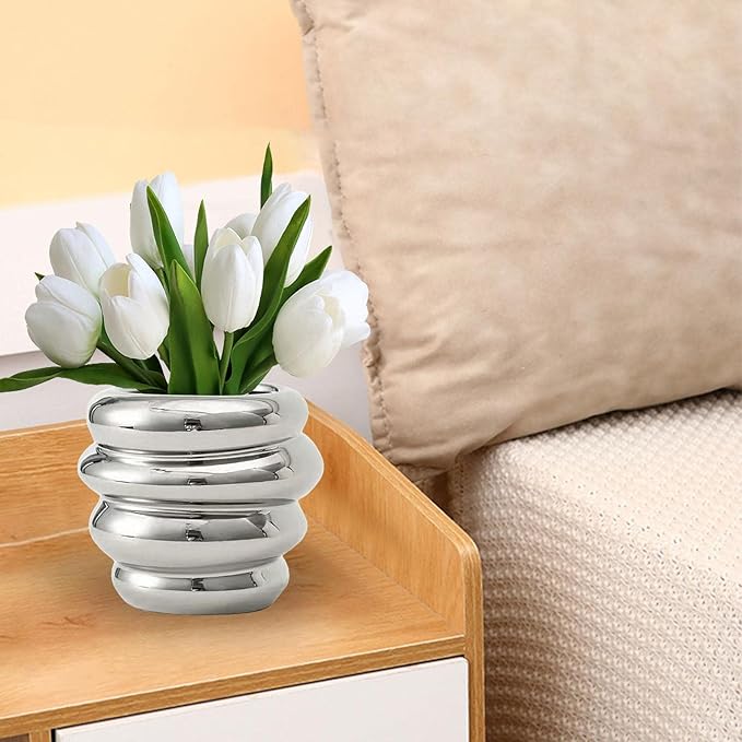 Ceramic Vase for Plants and Makeup Brushes, Organizer for Desk and Bathroom, Argent 11.5x10cm