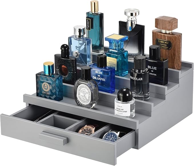 Perfume Organizer for Men, 4 Tier Wood Perfume Display Stand with Velvet Lining Drawer and Hidden Compartment for Watch,Jewelry,Perfume Display Risers,A Gift for Men (Gray)