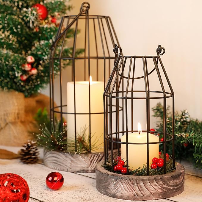 Rustic Wire Metal Cloche Set of 2 Candle Lantern Decorative Indoor Outdoor Vintage Cage Candle Holders Modern Farmhouse Decor for Fireplace Mantle Entryway Living Room Kitchen Coffee Table Centerpiece