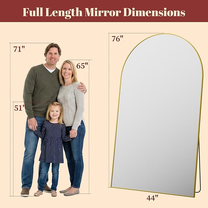 Suidia 76"x44" Arched Full Length Mirror with Stand, Full Body Mirror with Aluminum Frame, Freestanding/Leaning/Wall-Mounted, Floor Mirrors for Bedroom, Living Room, Entryway, Dressing Room, Gold