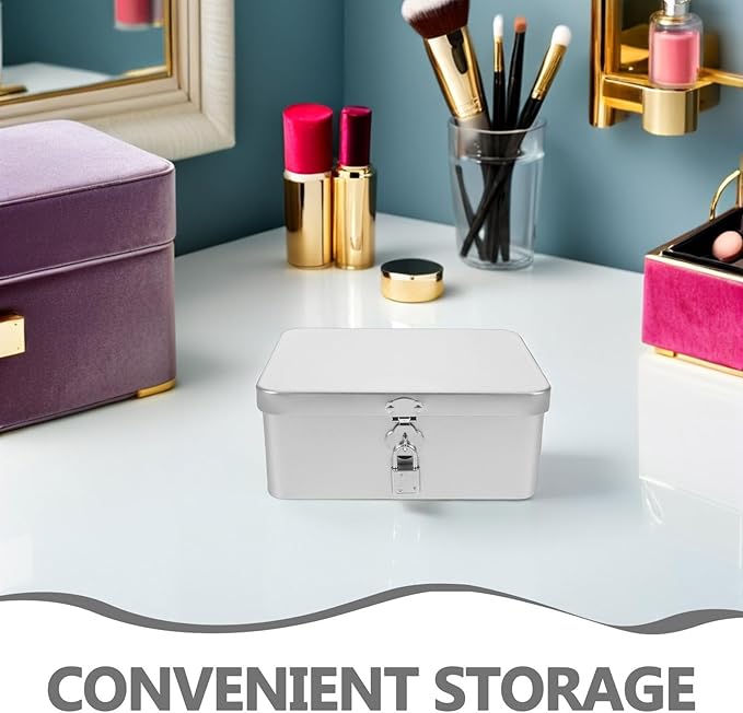 BESPORTBLE Vintage Metal Storage Box with Lock and Key, Retro Tin Jewelry Organizer for Makeup and Documents, Medium Silver Keepsake Chest for Home and Office Use