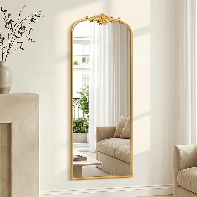 Besdomus Antique Full Length Mirror: 21"x56" French Gleaming Gold Arched Full Body Mirror - Floor Vintage Baroque Traditional Ornate for Entryway/Cloakroom/Bedroom - Home Decor for Interior Designers