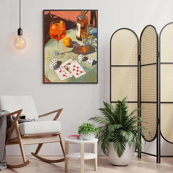 Trendy Wall Art Cocktails Wall Art Decor Retro Dice Poker Canvas Painting Prints Vintage Bar Cart Decor Funky Alcohol Cocktail Print for Kitchen Dorm Party Bar Cart Decoration, 16x24inch Unframed