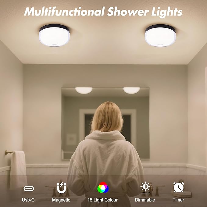 2-Pack Waterproof Shower Lights for Inside Shower, 15 RGBW Color Rechargeable Mood Lighting with Remote(Dimmable＆Timer), LED Wireless Ceiling Light for Bathroom, Closet, Hallway, Stairs, Party Decor