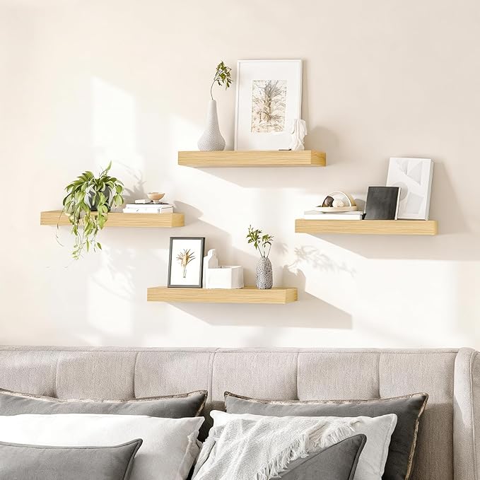 HOOBRO Floating Shelves for Wall, Wall Mounted Shelf Set of 2, 15.7" Hanging Shelf with Invisible Brackets, for Wall in Bathroom, Bedroom, Toilet, Kitchen, Living Room, Office, Natural NL40BJ01
