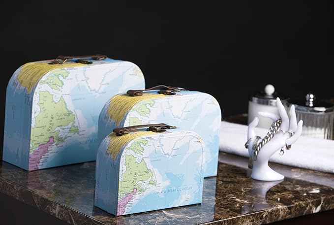 wald imports - Set of 3 Paperboard Suitcases -Decorative Storage Boxes - Suitcase Set for Decoration, Storage, and More (Blue Map)