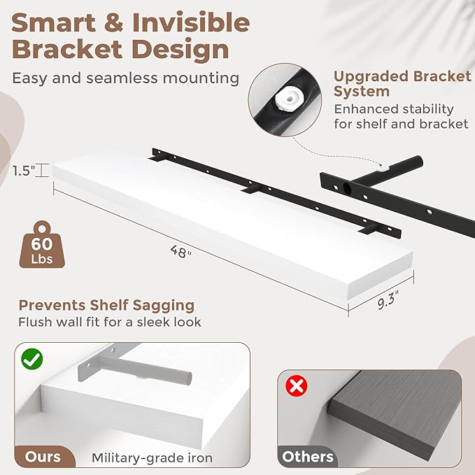 48 Inch Floating Shelves for Wall with Invisible Brackets Set of 2, 9"D Engineered Wood Wall Shelves with Wood Grain for Living Room, Bedroom, Bathroom, Kitchen Decor and Storage, White Finish