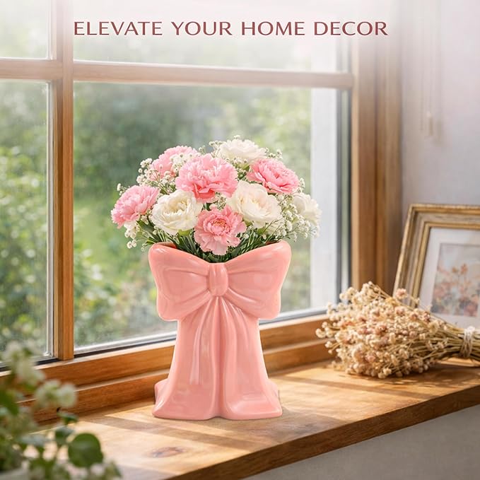 Pink Ceramic Bow Vases for Flowers, 6.1 Inch Flower Vases, Cute Makeup Brushes Organizer, Decorative Pen Holder for Office Home Dining Room Table Decor Bedroom Women Gifts (Pink)