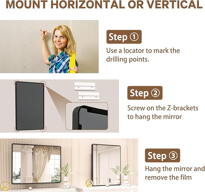 pertetey New Upgrade Bathroom Mirror, 40X32 Inch Black Metal Frame Wall Mounted Rounded Rectangle Bathroom Vanity Mirror with Tempered Glass for Washroom Bedroom Living Room
