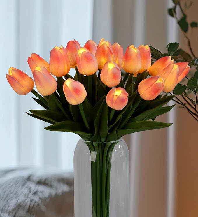 HOMESEASONS 20pcs Tulip Bouquet Lamp Artificial Flower Night Light Real Touch Tulip Night Lamp LED Flower Light Home Kitchen Decor(Pink)