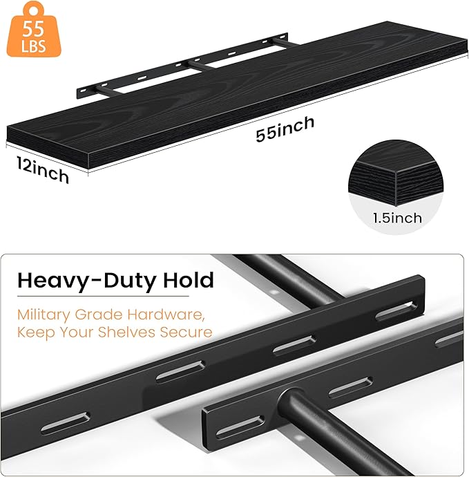 Black Floating Shelves for Wall, 55 Inch Floating Shelves Set of 2, Wall Mounted Rustic Wood Shelf for Bathroom, Living Room, Bedroom and Kitchen, Hanging Shelf for Storage, Books, Home Decor