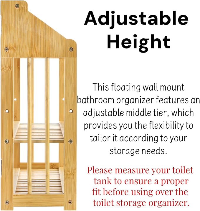 Goaste Bamboo Over The Toilet Storage Shelf, 3-Tier Wall Mounted Bamboo Rack Organizer, Floating Rack with Hanging Rod, Free Standing Shower Shelf with Adjustable Layer for Kitchen, Bathroom, Home