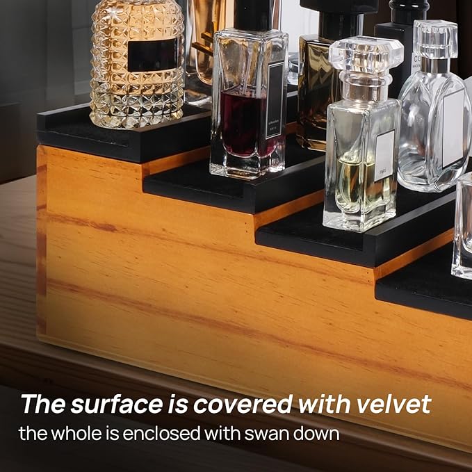 Cologne Organizer for Men，4 Tier Wood Perfume Display Stand with Velvet Lining Drawer and Hidden Compartment ，Perfume Organizer for Men，Great Gift for Man (Walnut Black)