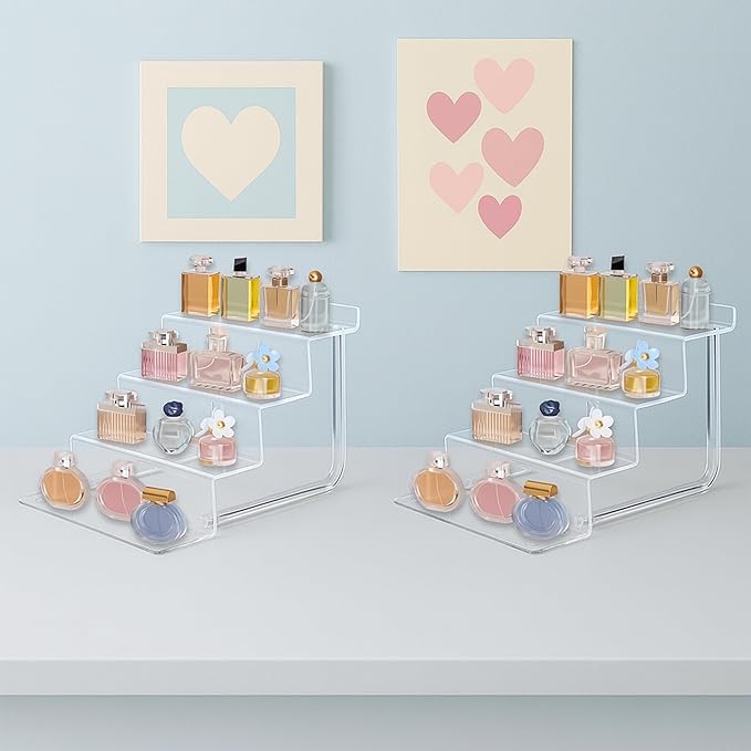 AMT Acrylic Riser Display Stand, 100% Acrylic Clear 4-Tier Organizer for Figures, Cupcake, Perfume, Sunglasses (9 inch x 2.75 inch) 2-pack