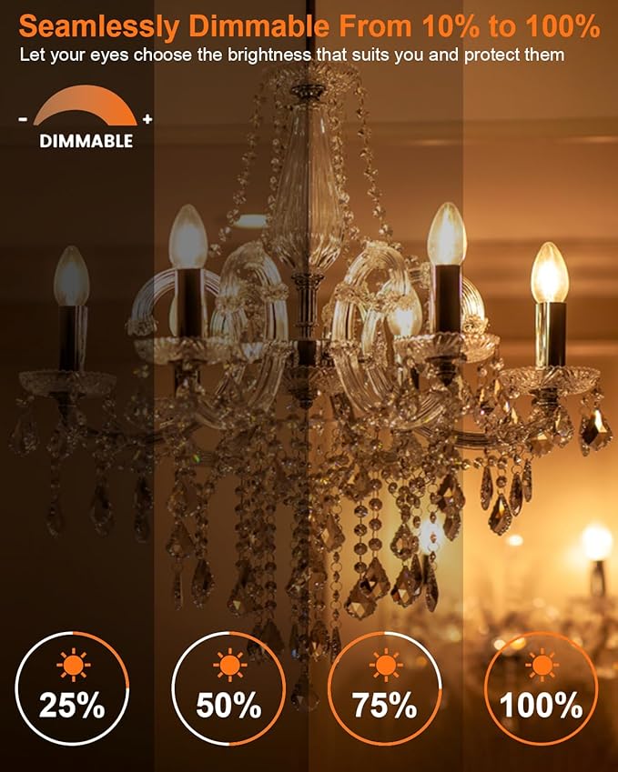 MEQIQTEK E12 60 Watt Incandescent Candle Light Bulbs, Chandelier Light Bulbs for Ceiling Fan, Vanity, Outdoor - Warm White 2500K, 500 Lumen Dimmable B10 Clear Candelabra Base Bulbs (12 Pack)