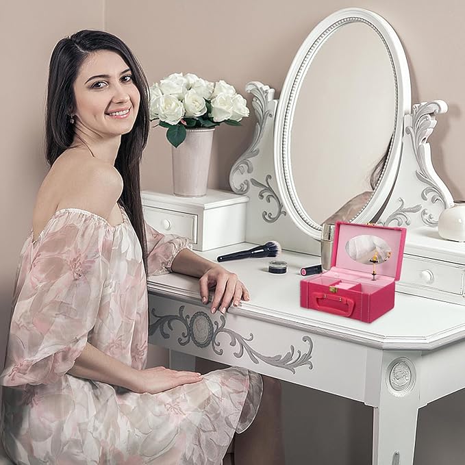 TOYANDONA Jewelry Box and Makeup Case Pink Music Jewelry Storage Organizer with Display Compartments for Women Portable Cosmetic and Storage