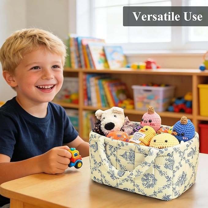 Small Storage Basket Organizer, Mini Fabric Floral Storage Baskets with Handle, Quilted Portable Collapsible Storage (Vine-Blue A)