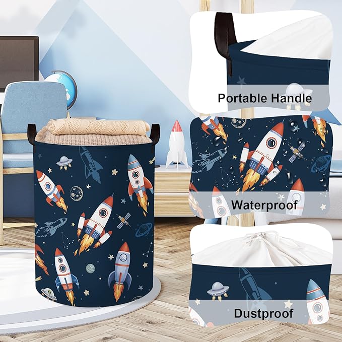 Clastyle Cosmic Space Kids Book Storage Basket Planet Clothes Laundry Basket Parents Gift Toy Box for Bedroom Shower, Rocket, 36x45 cm