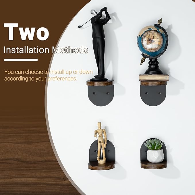 SAYAYO Small Floating Shelves for Wall Storage, 4 x 4 Inch Wall Shelves for Bedroom Decor, Mini Display Wood Shelf Organizer with Black Base for Living Room, Office, Balcony, Rustic Brown，4 Pcs