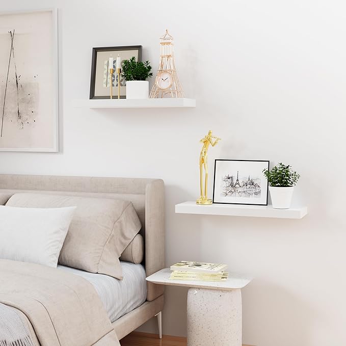 Bellsal Floating Shelves for Wall, White Engineered Wood Wall Shelf Set of 2, 24" Walls Mounted Floating Shelf for Kitchen, Living Room, Bedroom, Bathroom Storage, Book Shelf for Home Decor