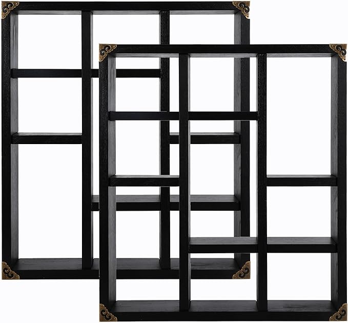 17.7x15.7-Inch Shadow Box Shelf 9-Slot Rustic Floating Shelves Larger Wall Mounted Shelf Lightweight Solid Wood Display Freestanding Farmhouse Shelf (Set of 2,9C-Classic Black)