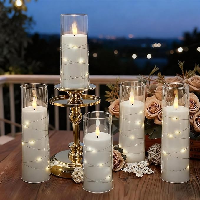 Raycare Flameless Candle with Remote Timer – 9 Flickering Acrylic Battery Operated LED Pillar Candles with Embedded Star String for Valentine's Day, Home Decor, and as a Gift (White)