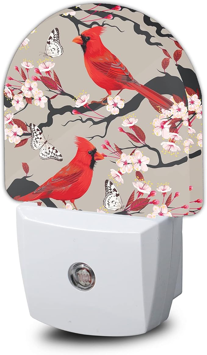 Red Cardinal Night Light,Blooming Cherry Night Lights Plug into Wall for Boys Girls Bedroom Decorative Half Round Nightlight Led Lamp 0.5W Sleep Friendly