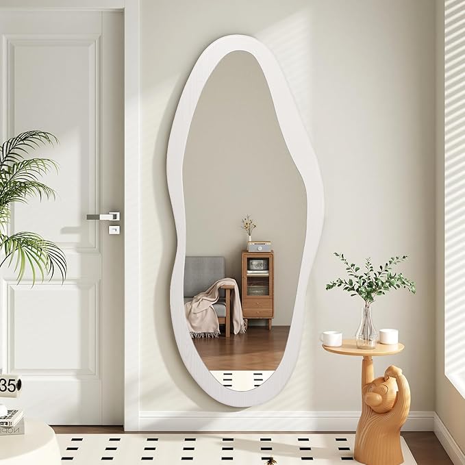 AAZZKANG Irregular Full Length Mirror Wooden Asymmetrical Wall Mirrors Modern Large for Bedroom Dressing Room Living Room Entryway White 47"x20"