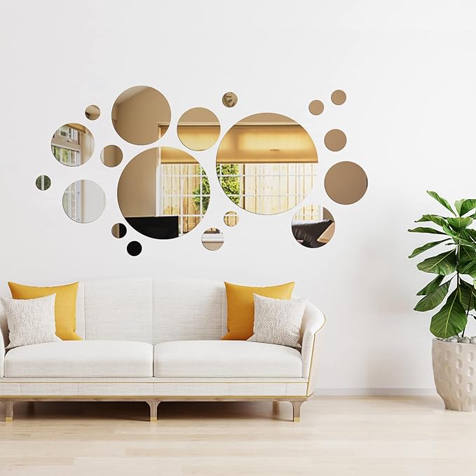 Shappy 32 Pcs Acrylic Mirror Wall Stickers Removable Round Wall Decal Circle Mirror Tiles for Home Bathroom Living Room Bedroom TV Background Decor(Silver,Large Size)