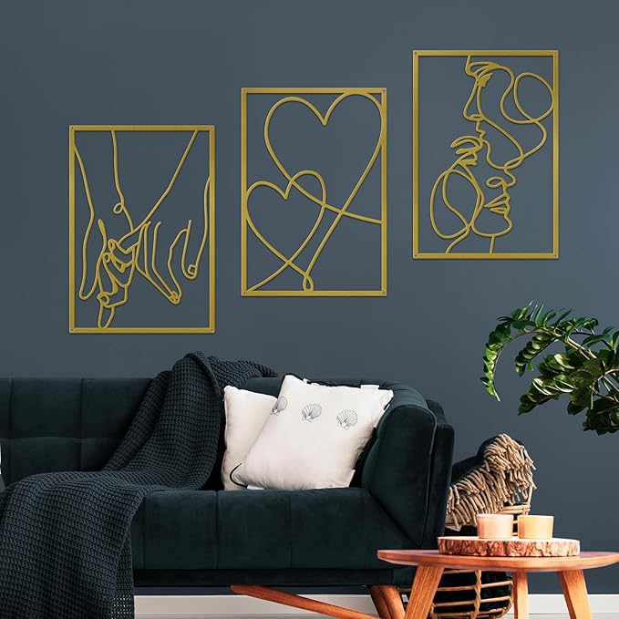 3 Pieces Metal Minimalist Line Wall Art, Valentine's Day Lover Kiss Hand Metal Wall Decor, Aesthetic Modern Home Hanging Wall Art Decor for Bedroom Bathroom Living Room (Gold)