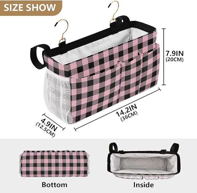 Buffalo Plaid Check Pink Print Bedside Caddy Storage Bag Bedside Organizer for Bunk Bed Headboards College Organizer Caddy Hanging Shelf 6 Pockets with Hooks for Drinks Magazine Phone Holder