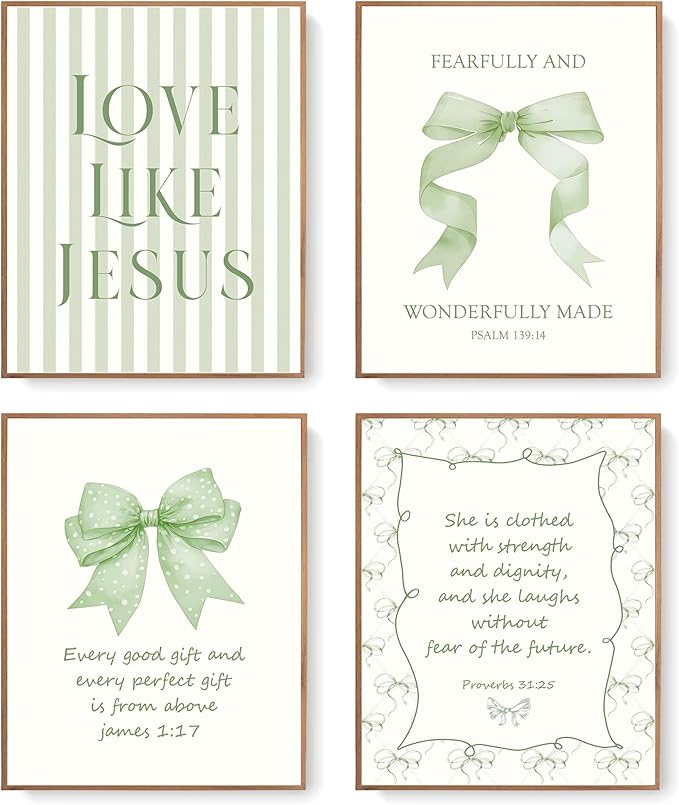 LARTSFRO Coquette Sage Green Bow Jesus Wall Art Decor Posters, Green Bow Christian Room Bedroom Bathroom Wall Art Decor Aesthetic for Teen Girls Gifts, Inspirational Bible Verses Bow Wall Decor, 8x10 Inch Set of 4 Bow Pictures(UNFRAMED)
