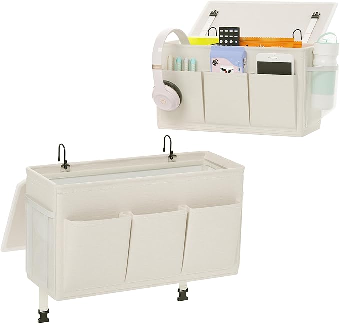 Edudif Dual-purpose Bedside Caddy Bedside Organizer, Bed Caddy with 6 Pockets, Versatile Bedside Storage Solution Magazine Remotes holder, ideal for Home, Dorm, Hospital, Crib Bed (White 2pcs)