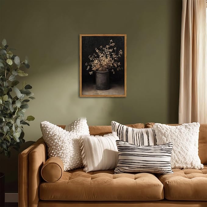 Framed Vintage Floral Wall Art, Rustic Dark Moody Flower Paintings Wall Decor, Retro Farmhouse Botanical Pictures Canvas Prints Neutral Aesthetic Home Decor for Living Room Bedroom 16x24inch