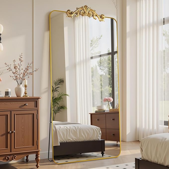Vintage Full Length Mirror, 76"x34" Floor Mirror with Carved, Full Body Mirrors for Home Decor, Standing/Hanging Large Wall Mirrors for Bedroom/Living Room/Entryway, Gold, Retro Style