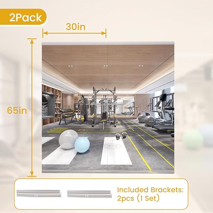 65X30 2Pack Large Home Gym Mirror, Frameless Tempered Glass Dance Wall Mounted Mirror for Home, Yoga, Dancing, Studio, Living Room