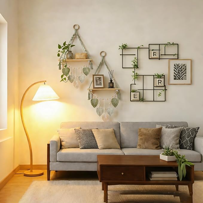 Wooden Floating Shelves for Room Wall, Hanging Storage Organizer, Boho Wall Decor, Plant Shelf for Bathroom, Bedroom, Office, Kitchen, Living Room, Dorm (Green, 2 PCS)