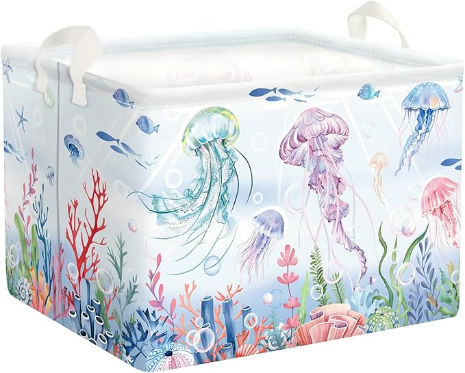 Ocean Animals Baby Laundry Hamper Collapsible Clothes Kids Storage Basket Large Boys Girls Gift Toy Box Bin for Nursery Room, Colorful Jellyfish, 36L