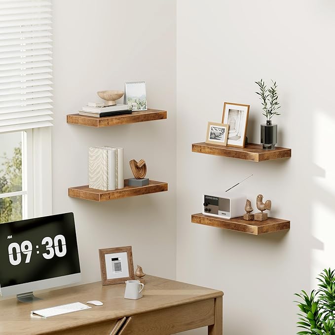RALGEND Floating Shelves for Wall, 1.5" Thick Wall Shelf Set of 4 with Invisible Brackets, 15.7L x 7.9W Hanging Shelves Farmhouse Home Decor for Bathroom, Living Room, Bedroom, Rustic Brown 4301BJP4BF