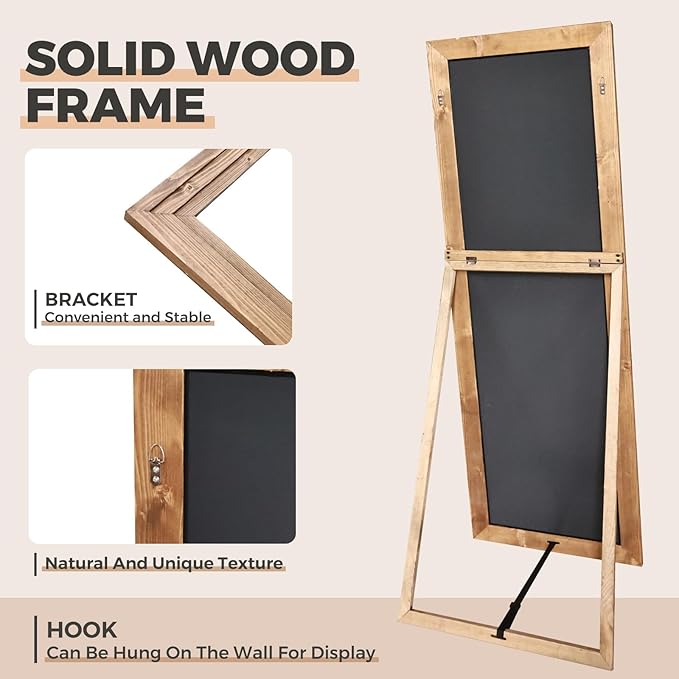 65"x22" Full Length Mirror Solid Wood Frame Floor Mirror with Stand for Living Room, Bedroom Hanging Standing or Leaning, Wood Color