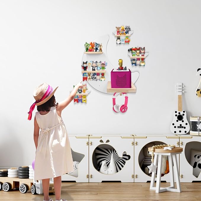 Taladad for Toniebox 2/1 Tonie Shelf Wall Mounted Set,Tonie Figures Storage,Magnetic Wooden Floating Shelves Compatible with Tonie Box Player Character for Children Room