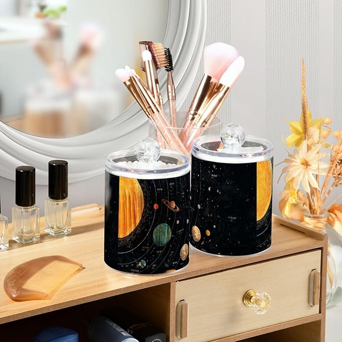 2 Pack Apothecary Jars Colorful Solar Galaxy Bathroom Vanity Storage Organizer Set,Small Clear Plastic Storage Jars Bathroom Canister for Cotton Swabs, Rounds, Balls, Qtips,Makeup Sponges, Flos